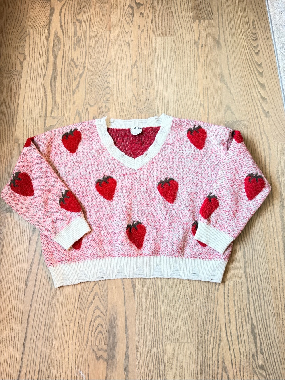 Arula Strawberry Pattern Fuzzy V Neck Boxy Sweater Playful Coquette Whimsical